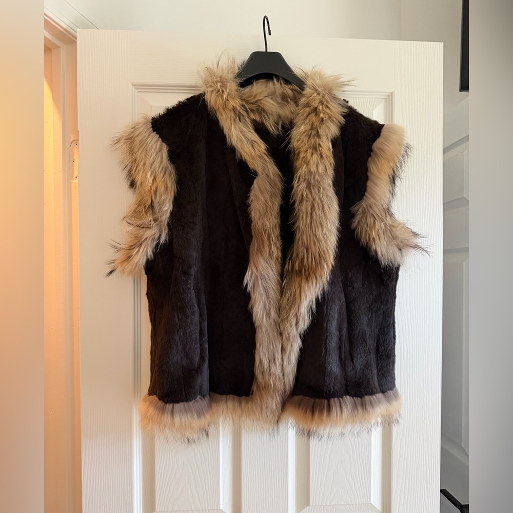 Real sheared dark brown Mink and Raccoon Fur Vest with brown suede lining